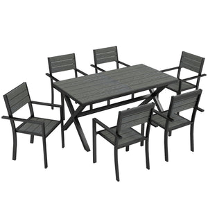 Salon de Jardin 7 Pièces, Ensemble Table et Chaises en Aluminium pour 6, Table Extérieure avec Lattes Effet Bois et Chaises Empilables, Gris