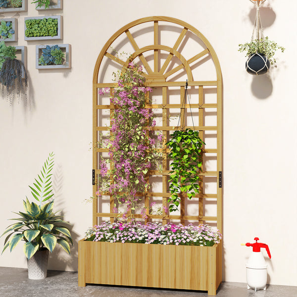 Jardinière avec treillis, bac à fleurs, lit surélevé avec trous de drainage, pour plantes grimpantes, légumes, bois massif, intérieur et extérieur, 90 x 30 x 180 cm, effet bois naturel