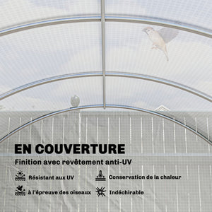 Serre de jardin tunnel 24m² 8L x 3l x 2H m - 16 fenêtres, Porte zippée Enroulable - châssis Tubulaire Acier galvanisé, bâche PE Haute densité Blanc