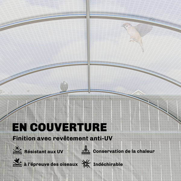 Serre de jardin tunnel 24m² 8L x 3l x 2H m - 16 fenêtres, Porte zippée Enroulable - châssis Tubulaire Acier galvanisé, bâche PE Haute densité Blanc