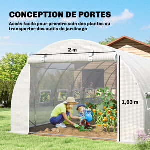 Serre de jardin tunnel 24m² 8L x 3l x 2H m - 16 fenêtres, Porte zippée Enroulable - châssis Tubulaire Acier galvanisé, bâche PE Haute densité Blanc