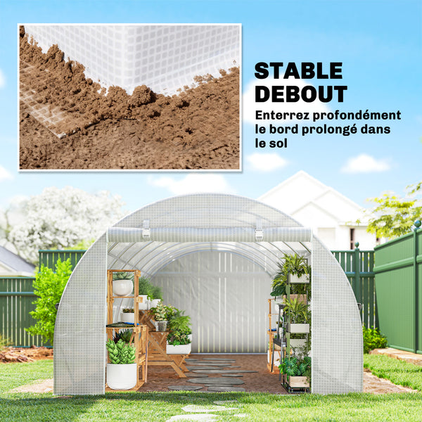 Serre de jardin tunnel 24m² 8L x 3l x 2H m - 16 fenêtres, Porte zippée Enroulable - châssis Tubulaire Acier galvanisé, bâche PE Haute densité Blanc