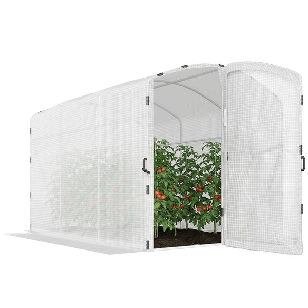 Serre tunnel de jardin 6m², serre de jardin tunnel 300x200x195cm bâche PE 220g/m², bords prolongés 50 cm, avec porte, pour extérieur, toutes saisons, légumes, fruits, fleurs, blanc