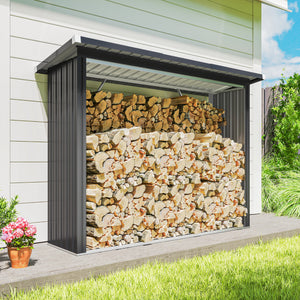Abri-bûches Couvert en Acier Galvanisé, Support pour Bois de Chauffage Robuste, Montage Rapide, Étagère à Bûches Extérieur Plancher Surélevé Toit Incliné, 213x66,5x150cm, Gris Foncé