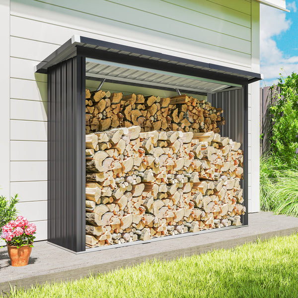 Abri-bûches Couvert en Acier Galvanisé, Support pour Bois de Chauffage Robuste, Montage Rapide, Étagère à Bûches Extérieur Plancher Surélevé Toit Incliné, 213x66,5x150cm, Gris Foncé