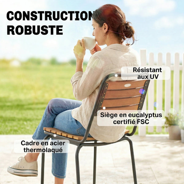 Lot de 2 Chaises de Jardin Empilables, Assise et Dossier en Bois Massif à Lattes, Structure en Acier, Chaises d'Extérieur pour Terrasse Balcon Bistro, 61x47x81cm, Naturel