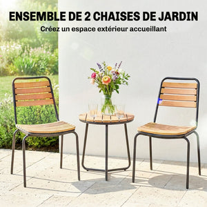 Lot de 2 Chaises de Jardin Empilables, Assise et Dossier en Bois Massif à Lattes, Structure en Acier, Chaises d'Extérieur pour Terrasse Balcon Bistro, 61x47x81cm, Naturel