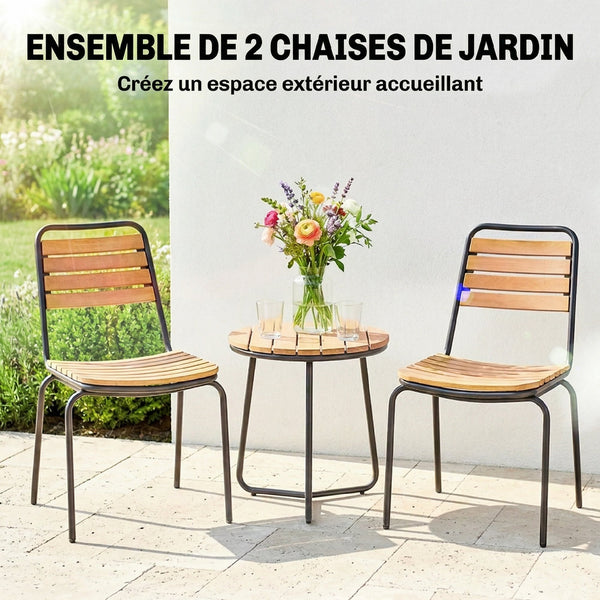 Lot de 2 Chaises de Jardin Empilables, Assise et Dossier en Bois Massif à Lattes, Structure en Acier, Chaises d'Extérieur pour Terrasse Balcon Bistro, 61x47x81cm, Naturel