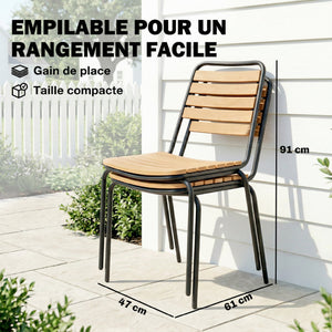 Lot de 2 Chaises de Jardin Empilables, Assise et Dossier en Bois Massif à Lattes, Structure en Acier, Chaises d'Extérieur pour Terrasse Balcon Bistro, 61x47x81cm, Naturel