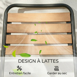 Lot de 2 Chaises de Jardin Empilables, Assise et Dossier en Bois Massif à Lattes, Structure en Acier, Chaises d'Extérieur pour Terrasse Balcon Bistro, 61x47x81cm, Naturel