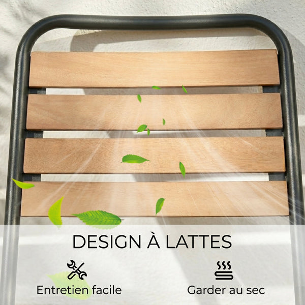 Lot de 2 Chaises de Jardin Empilables, Assise et Dossier en Bois Massif à Lattes, Structure en Acier, Chaises d'Extérieur pour Terrasse Balcon Bistro, 61x47x81cm, Naturel