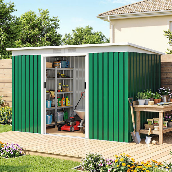 Abri de jardin en acier galvanisé XXL 3,6 m² avec kit de fondation 280 x 130 x 172 cm, cabane de jardin cabanon rangement outils avec portes coulissantes verrouillables aérations, vert foncé