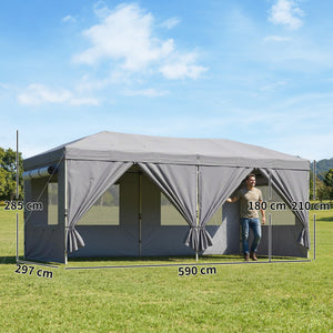 Tonnelle de jardin 3 x 6 m pop up tente pliante réglable en hauteur protection UV50+ tonnelle pliante avec 6 parois latérales 6 sacs de sable sac de transport à roulettes montage facile gris