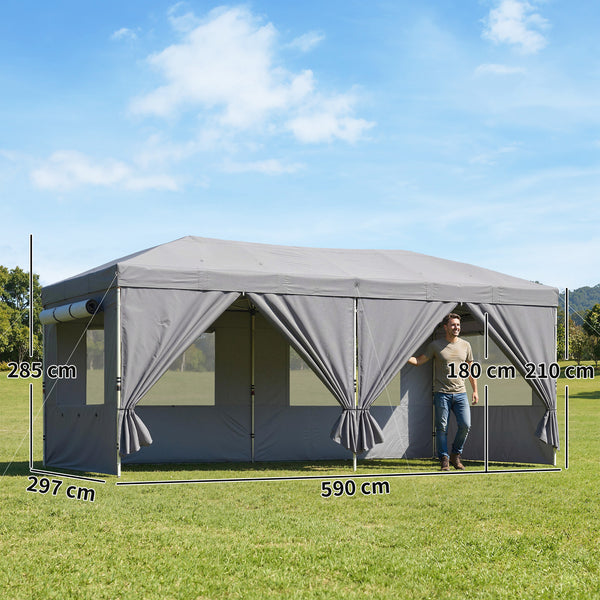 Tonnelle de jardin 3 x 6 m pop up tente pliante réglable en hauteur protection UV50+ tonnelle pliante avec 6 parois latérales 6 sacs de sable sac de transport à roulettes montage facile gris