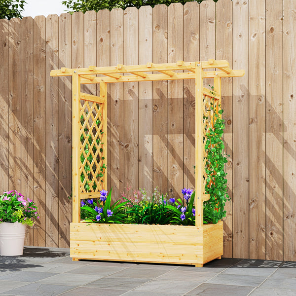 Jardinière Surélevée avec treillis Latéral et Supérieur, bac à fleurs, lit surélevé Trous de Drainage, pour plantes grimpantes, légumes, fleurs, extérieur, bois massif, bois naturel