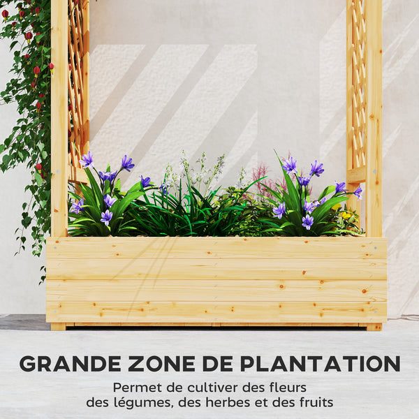 Jardinière Surélevée avec treillis Latéral et Supérieur, bac à fleurs, lit surélevé Trous de Drainage, pour plantes grimpantes, légumes, fleurs, extérieur, bois massif, bois naturel