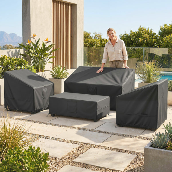 Ensemble de 4 Housses Salon de Jardin Imperméables 420D Tissu Oxford, Bâche de Potection Extérieure avec 6 Évents et Sac de Rangement, pour Table et Canapé, Noir