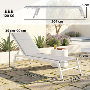 Bain de Soleil en Aluminium Léger, Dossier Réglable 6 Positions, Textilène 560g/m² et Rembourrage Intégré, Chaise Longue Anti-Rouille pour Terrasse Piscine Jardin, 64x181x90cm, Gris Clair