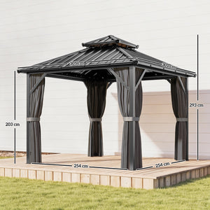 Pavillon 3 x 3 m avec Toit Rigide en Acier Galvanisé, Protection UPF50+, Cadre en Aluminium, Rideaux et Moustiquaire, Crochet de Plafond, Gris Foncé