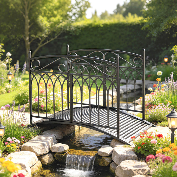 Pont de Jardin en Métal Style Baroque - Passerelle Décorative avec Garde-Corps 91cm et Charge 100kg - Pont d'Extérieur 135cm Antirouille pour Bassin Étang Ruisseau et Jardin Japonais, Noir