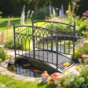 Pont de Jardin en Métal Style Baroque - Passerelle Décorative avec Garde-Corps 91cm et Charge 100kg - Pont d'Extérieur 135cm Antirouille pour Bassin Étang Ruisseau et Jardin Japonais, Noir