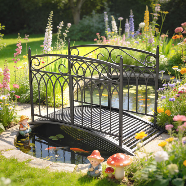 Pont de Jardin en Métal Style Baroque - Passerelle Décorative avec Garde-Corps 91cm et Charge 100kg - Pont d'Extérieur 135cm Antirouille pour Bassin Étang Ruisseau et Jardin Japonais, Noir