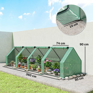 Mini Serre de Jardin mini serre tunnel 360L x 90l x 90H cm toit pointu Acier PE Haute densité 140 g/m² Anti-UV fenêtres avec Zip enroulables Vert
