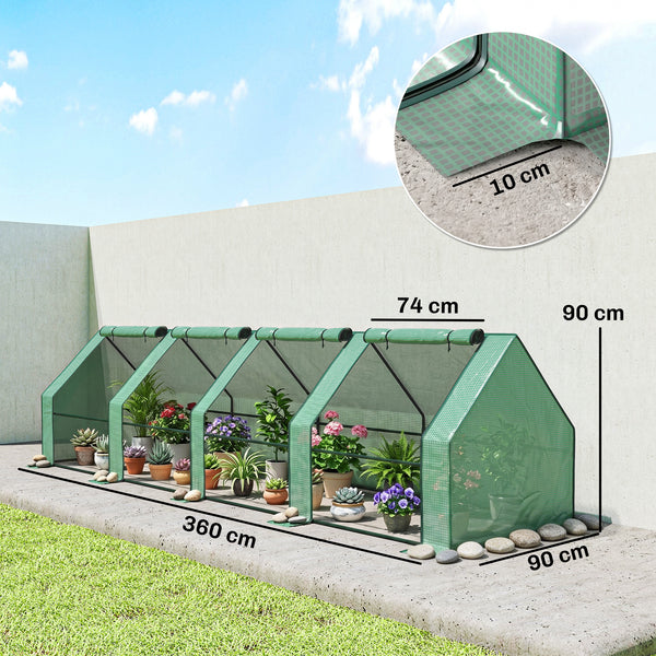 Mini Serre de Jardin mini serre tunnel 360L x 90l x 90H cm toit pointu Acier PE Haute densité 140 g/m² Anti-UV fenêtres avec Zip enroulables Vert