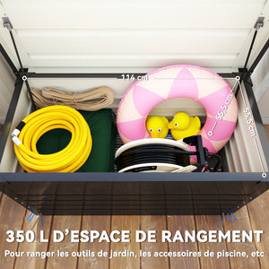 Coffre de rangement en métal 350L - boîte de jardin en acier galvanisé étanche avec double vérins à gaz - malle de rangement verrouillable pour coussins, outils et terrasse, gris anthracite