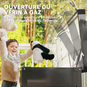 Coffre de rangement en métal 350L - boîte de jardin en acier galvanisé étanche avec double vérins à gaz - malle de rangement verrouillable pour coussins, outils et terrasse, gris anthracite