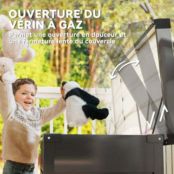 Coffre de rangement en métal 350L - boîte de jardin en acier galvanisé étanche avec double vérins à gaz - malle de rangement verrouillable pour coussins, outils et terrasse, gris anthracite