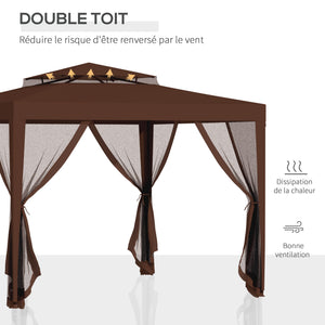 Tonnelle barnum de jardin 3L x 3l m avec 4 moustiquaires amovibles - double toit - marron