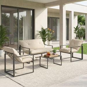 Salon de jardin extérieur 4 pièces avec coussins ultra-épais 15cm - ensemble mobilier de jardin et salon bas pour terrasse - canapé 2 places avec table basse et 2 fauteuils, cadre acier noir