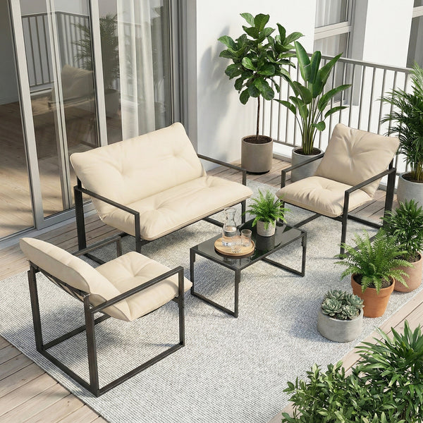 Salon de jardin extérieur 4 pièces avec coussins ultra-épais 15cm - ensemble mobilier de jardin et salon bas pour terrasse - canapé 2 places avec table basse et 2 fauteuils, cadre acier noir