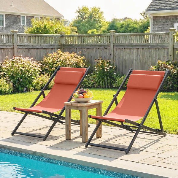 Lot de 2 bain de soleil, chaise longue pliante avec appuie-tête en textilène, transat jardin extérieur inclinable de plage camping piscine terrasse, 60 x 100 x 85 cm, rouge brique
