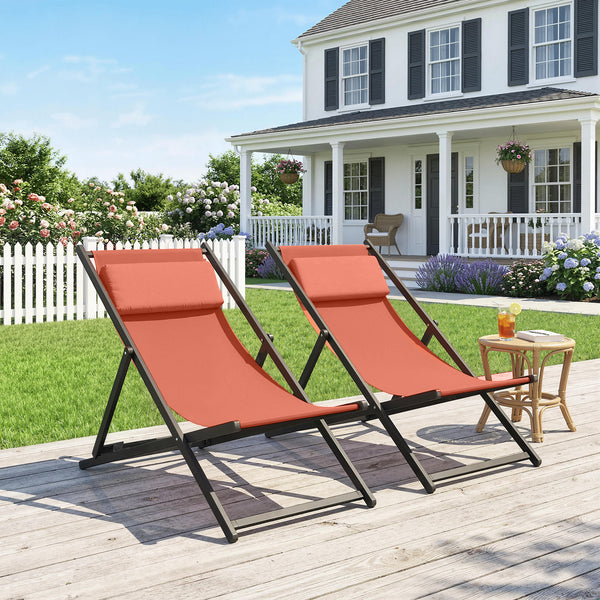 Lot de 2 bain de soleil, chaise longue pliante avec appuie-tête en textilène, transat jardin extérieur inclinable de plage camping piscine terrasse, 60 x 100 x 85 cm, rouge brique