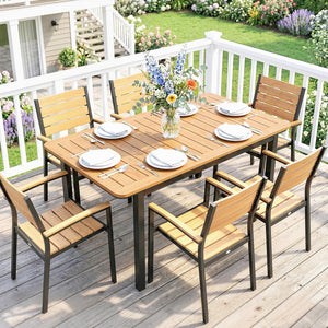 Table de Jardin pour 6 Personnes, 127 x 70 cm, Table d'Extérieur avec Plateau à Lattes en Bois Plastique, Cadre en Métal, Patins Réglables, Mobilier pour Balcon, Terrasse, Marron