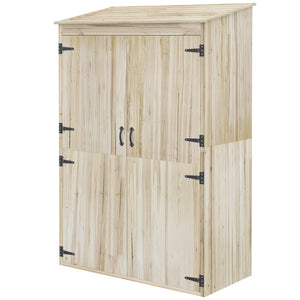 Armoire de jardin, armoire de rangement en bois, 2 étagères, 2 portes magnétiques, toit incliné, compartiment droit spacieux, 120 x 57 x 183 cm, bois naturel
