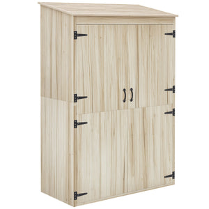 Armoire de jardin, armoire de rangement en bois, 2 étagères, 2 portes magnétiques, toit incliné, compartiment droit spacieux, 120 x 57 x 183 cm, bois naturel