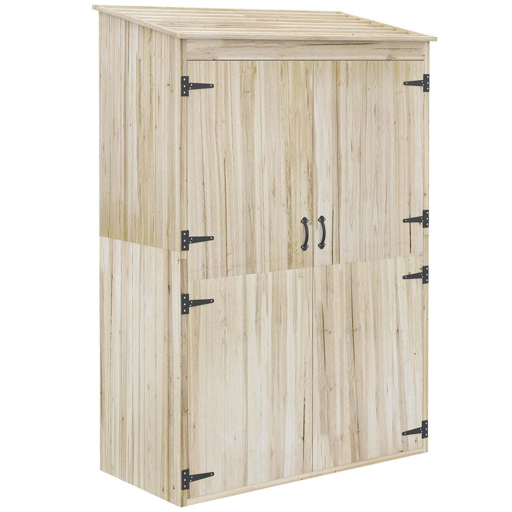 Armoire de jardin, armoire de rangement en bois, 2 étagères, 2 portes magnétiques, toit incliné, compartiment droit spacieux, 120 x 57 x 183 cm, bois naturel