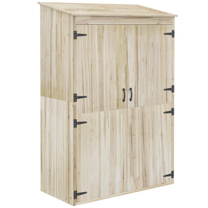 Armoire de jardin, armoire de rangement en bois, 2 étagères, 2 portes magnétiques, toit incliné, compartiment droit spacieux, 120 x 57 x 183 cm, bois naturel