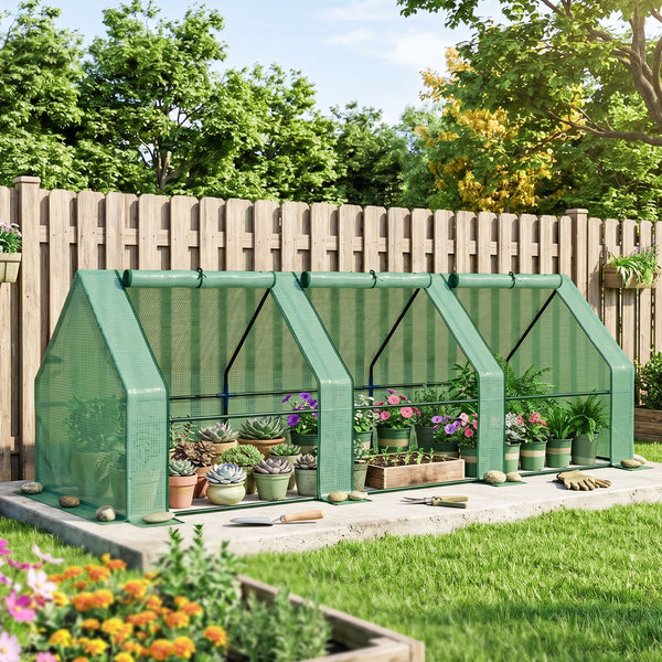 Mini Serre de Jardin mini serre tunnel 270L x 90l x 90H cm cm toit pointu Acier PE Haute densité 140 g/m² Anti-UV 3 fenêtres avec Zip enroulables Vert