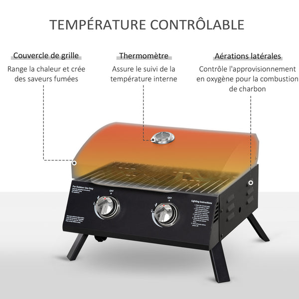 Barbecue gaz de Table transportable Pieds Pliables - 2 brûleurs 5 KW - Barbecue gaz de Camping - Grille de Cuisson, réceptacle Graisse, thermomètre - Acier de Qualité Alimentaire Noir