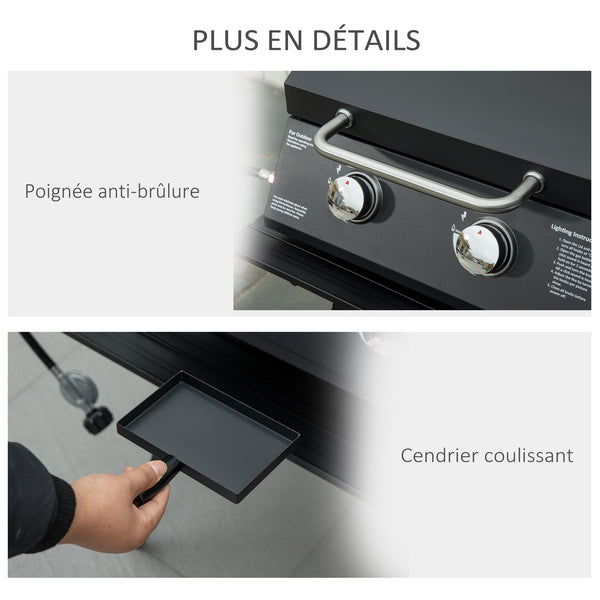 Barbecue gaz de Table transportable Pieds Pliables - 2 brûleurs 5 KW - Barbecue gaz de Camping - Grille de Cuisson, réceptacle Graisse, thermomètre - Acier de Qualité Alimentaire Noir