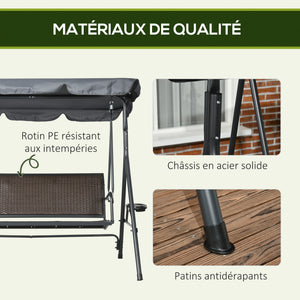 Balancelle de jardin 3 places toit inclinaison réglable avec porte-gobelets et plateaux assise dossier ergonomique en résine tressée PE cadre en acier et polyester gris foncé et marron