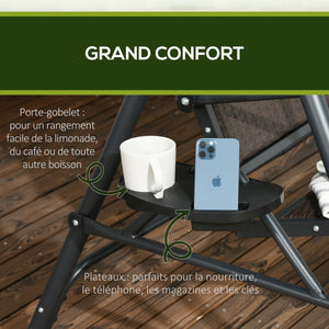 Balancelle de jardin 3 places toit inclinaison réglable avec porte-gobelets et plateaux assise dossier ergonomique en résine tressée PE cadre en acier et polyester gris foncé et marron
