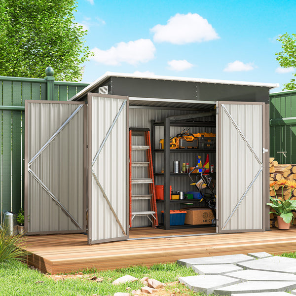 Abri de jardin en métal, cabane de jardin extérieure 234 x 132 x 185 cm, triple porte verrouillable, toit incliné, aérations et gants, cabanon rangement outils en acier galvanisé, gris clair