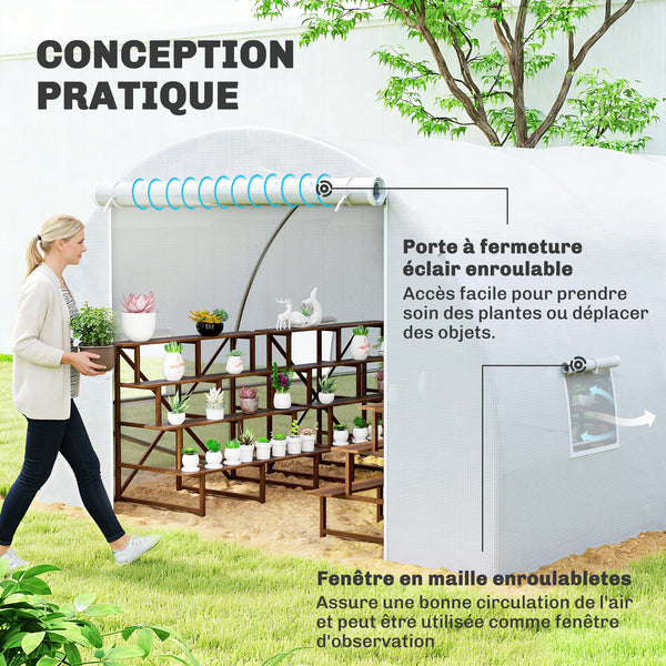 Serre de Jardin Tunnel Surface Sol 18 m² 6L x 3l x 2H m châssis Tubulaire renforcé 24 mm 8 fenêtres Blanc