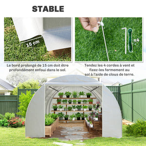 Serre de Jardin Tunnel Surface Sol 18 m² 6L x 3l x 2H m châssis Tubulaire renforcé 24 mm 8 fenêtres Blanc
