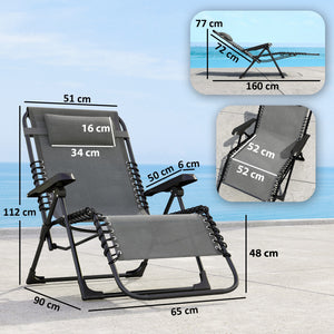 Lot de 2 bain de soleil, chaise longue pliante avec appuie-tête en textilène, transat jardin extérieur inclinable de plage camping piscine terrasse, 90 x 65 x 112 cm, gris